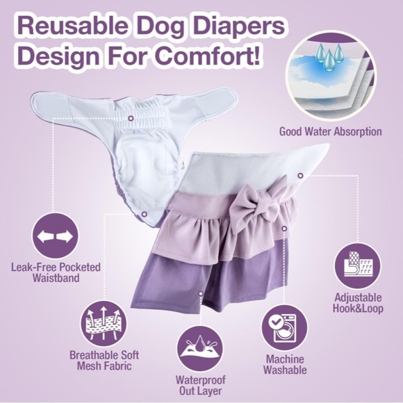 Premium Washable Two Tone Ruffles & Bow Female Dog Diapers 2 Pack Size: Med. New - Picture 8 of 16